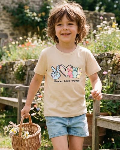 Image of SOFEON Kids Girls Easter Shirt Bunny Peace Love Peeps T-Shirt Cute Funny Rabbit Graphic Tees Short Sleeve Casual Tops