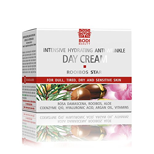 BODI BEAUTY Rooibos Star Crema de día antiarrugas 50 ml – con ácido hialurónico, Q10, aceite de argán, aloe y filtros UV, cuidado hidratante para pieles maduras y sensibles, tacto suave