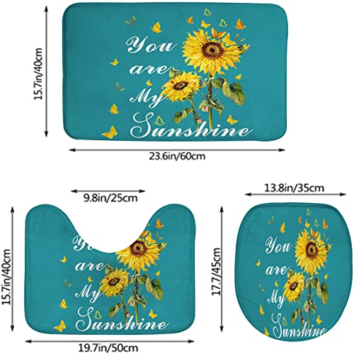 Badezimmerteppich-Set, 3-teilig, You Are My Sunshine, Sonnenblume und Schmetterling, Blaugrün, waschbarer Badvorleger, rutschfest, mit Rückenpolster, Konturteppich und Toilettendeckelbezug – Bild 3