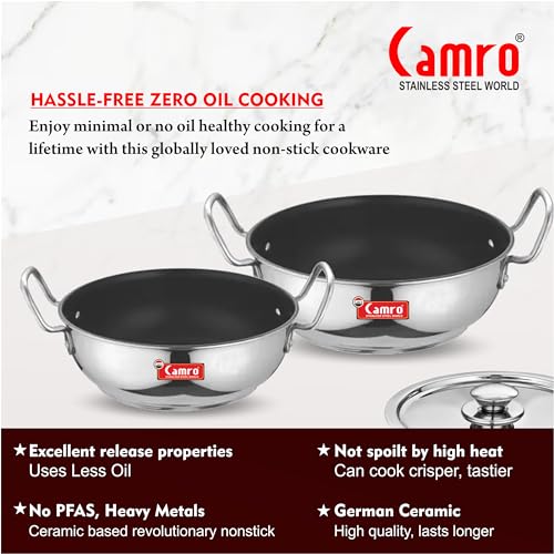 Image of Camro Non Stick Kadhai with Lid (16 No, 5 Liters) | Stainless Steel Kadhai | Gas Stove Compatible | Dishwasher Safe | 15+Years of Innovation and Quality