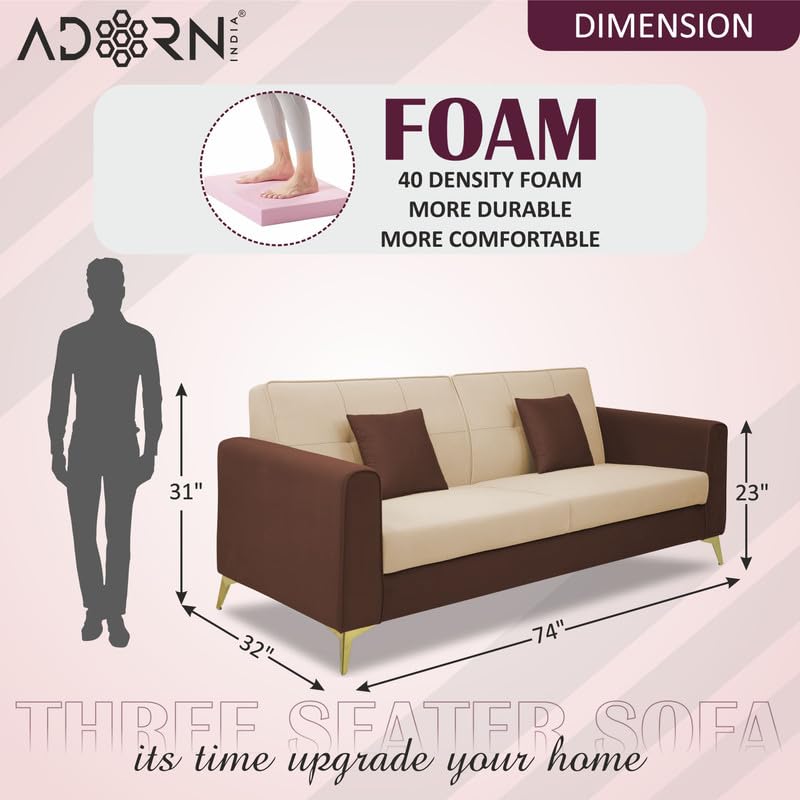 Image of Adorn India Premium Harlem 3 Seater Sofa | Velvet Suede Upholstery | 3-Year Warranty | Brown & Beige with Gold Legs & Cushion