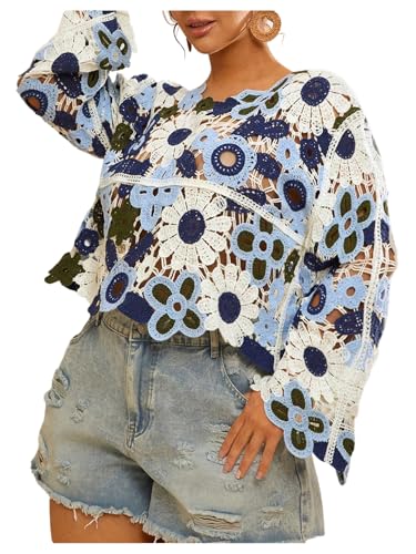 Floerns Women's Plus Size Floral Crochet Hollow Out Sweaters Long Sleeve Pullover Crop Tops