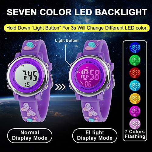 Kids Watch 3D Cartoon Toddler Wrist Digital Watch Waterproof 7 Color Lights with Alarm Stopwatch for 3-10 Year Boys Girls Little Child (Butterfly B-D Purple)4