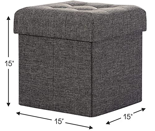 Ornavo Home Foldable Tufted Linen Storage Ottoman Square Cube Foot Rest Stool/Seat - 15" X 15" X 15" (Charcoal) #TOP4