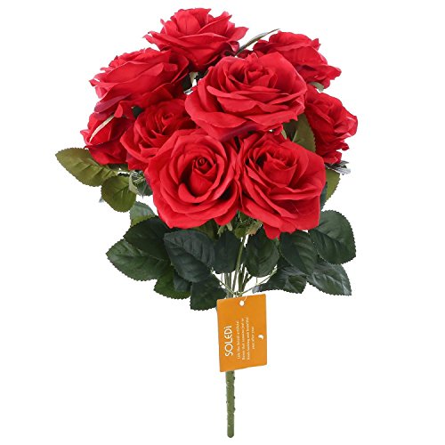 Silk Red Rose 10 Heads SOLEDI Artificial Flower French Rose Fake for Bridal Bouquet Wedding Living Room Table Home Garden Decoration