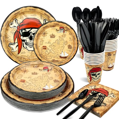 FuenteOrilla 175 Pcs Pirate Party Decorations Pirate Tableware Set Includes Plates Napkins Cups Knives Fork Spoon for Kids Boys Birthday Treasure Party Decor Pirate Birthday Decorations Serves 25