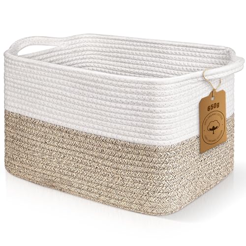 Lychico Cotton Rope Woven Basket with Handles for Shelves,Toys,Book, Cloth Storage Baskets Bin for Organizing, 33x25x22.5cm Toy Decorative Organizer for Living Room, Bathroom - White&Brown - Cosy Home Interiors Lychico Cotton Rope Woven Basket with Handles for Shelves,Toys,Book, Cloth Storage Baskets Bin for Organizing, 33x25x22.5cm Toy Decorative Organizer for Living Room, Bathroom - White&Brown