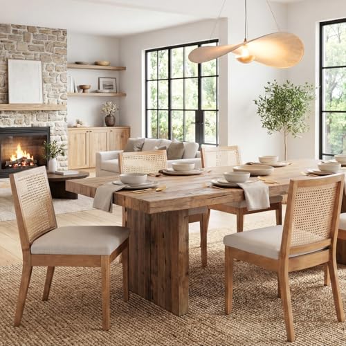 DAYALANE Rattan Dining Chairs Set of 6, Farmhouse Kitchen Chairs with Cane Back, Upholstered Dining Room Chairs Comfy Side Wood Chair for Living Room/Restaurant, Natural Cream