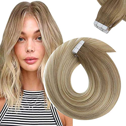 Sunny Tape in Extensions Balayage 16inch Double Sided Tape in Human Hair Extensions Balayage Ash Brown Mixed Platinum Blonde 20pcs 50grams