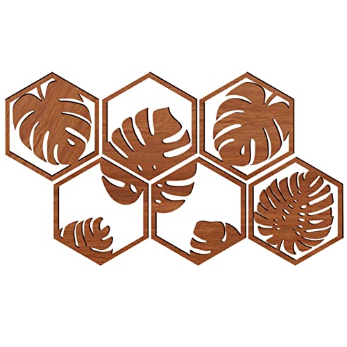 Pegatinas de pared hexagonales - 6 pegatinas de pared de madera hexagonales con hojas | Calcomanías de pared hexagonales Calcomanías de pared de empalme geométrico Decoración de pared de panal Ailopta