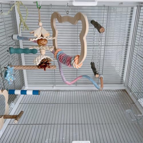 Image of Gradient Large Wooden Bird Swing with Colorful Cotton Rope for Bird Cages - Natural Hanging Toy for Medium-Large Birds Like Parrots Macaws Cockatoos African Greys