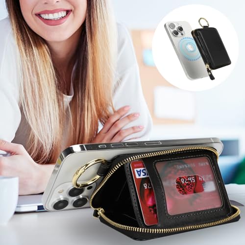 Image of Compatible with MagSafe Wallet,Magnetic Phone Wallet Card Holder for iPhone 17 /16 Pro Max /15 plus /14 Pro /13 /12 Series,PU Leather Zipper Pocket Adjustable Stand-Black