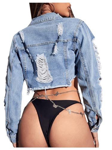 GORGLITTER Women's Ripped Raw Hem Cropped Denim Jacket Long Sleeve Distressed Frayed Jean Jackets