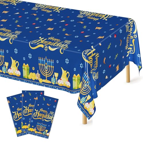 Image of 3 PCS Hanukkah Decorations, 108 inch x 54 inch Blue Gold Hanukkah Tablecloth, Disposable Happy Chanukkah Plastic Tablecloth, Lights Candles Design Rectangle Chanukkah Tablecovers for Jewish Festival Supplies