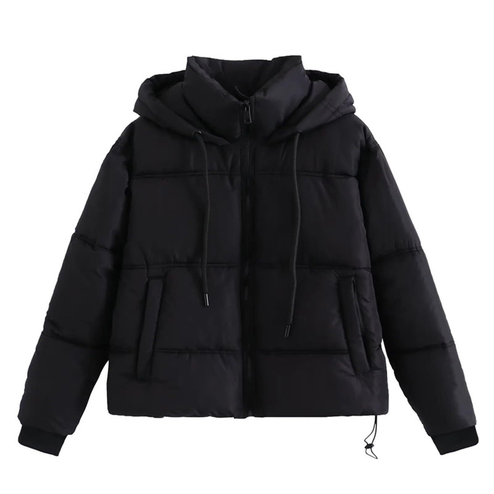 Barley Direct Cropped Puffer Jacket for Women Baggy Hooded Puffy Cotton-Padded Clothes Winter Thicken Thermal Warm Short Down Coats(Black,S)