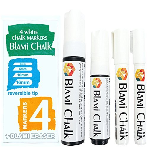 Blami Arts White Chalk Markers 4 Pack - Reversible Fine and Jumbo Tips 16mm - 10mm - 6mm - 3mm - Chalkboard Pens for Bistro Glass Windows - Eraser Sponge Included