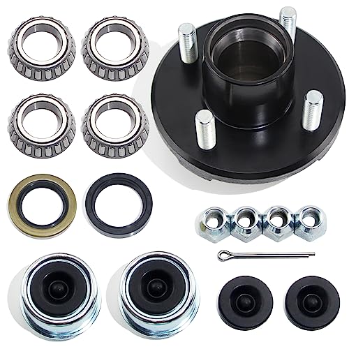 GREPSPUD 1 Set 4 on 4 Trailer Hub Kit for 2000 lbs 1 or 1-1/16 Trailer Straight Axle 4x4 Trailer Idler Hub Kit 4 Bolt Fits 1 and 1-1/16 Spindle Trailer Hub Kit with Extra Cap & Rubber Plug