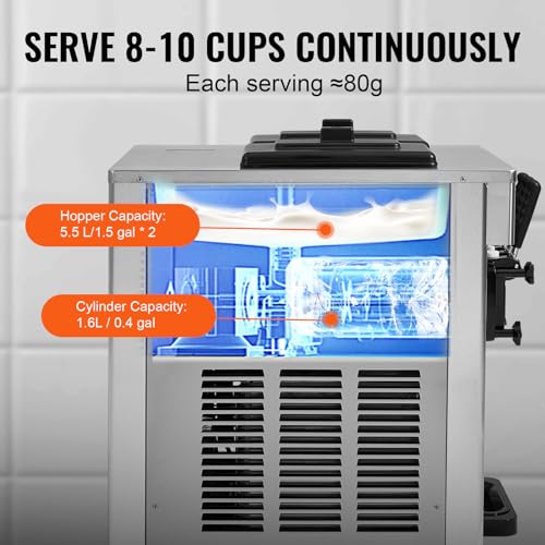 VEVOR Kommerzielle Eismaschine 18–28 L/h, 3 Geschmacksrichtungen, Italienische Eismaschine, 2 x 5,5 L Trichter, LCD-Panel, Automatische Vorkühlung, Reinigung, für Joghurt, Kaffee, Snackbar, Restaurant – Bild 5