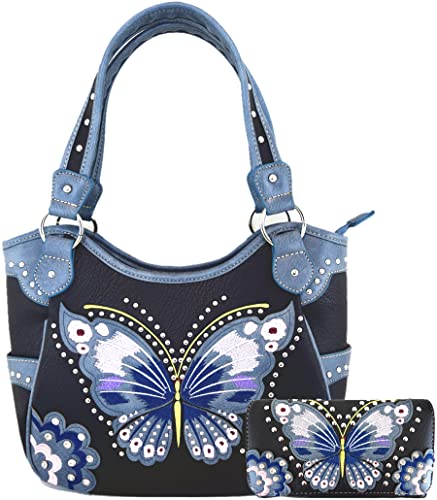 Western Style Springtime Embroidery Butterfly Floral Leather Totes Purse Country Handbag Women Shoulder Bag Wallet Set
