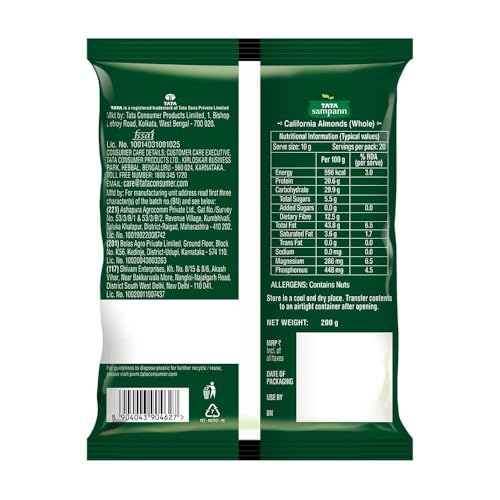 Image of Tata Sampann Pure California Almonds /Badam Whole, 200g, Real Nuts, High in Fiber, Badam Giri, Rich in Protein, Magnesium, Phosphorus and Dietary Fibre, Nuts & Dry Fruits, Value Pack