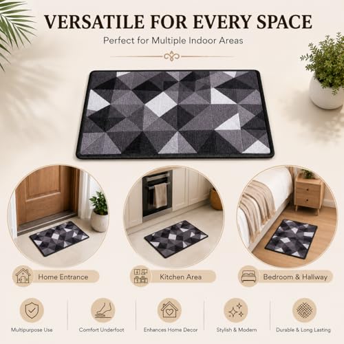 Image of Matz&More Geometric Modern Triangles Floor Mat | 40x60 CM | Grey Black | Nylon Tufted Gel Baking Anti-Slip | Doormat for Home Entrance, Kitchen & Bedroom