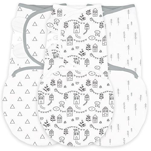 Amazing Baby Swaddle Blanket with Adjustable Wrap, Set of 3, Little Village, Trees and Triangles, Black, Small