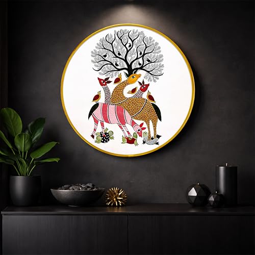 Image of Tribal Gond Round Framed Wall Art Painting For Living Room | Tribal Madhubani Folk Animal Wall Art Painting With Frame for Home, Bedroom & Office, 16 Inch