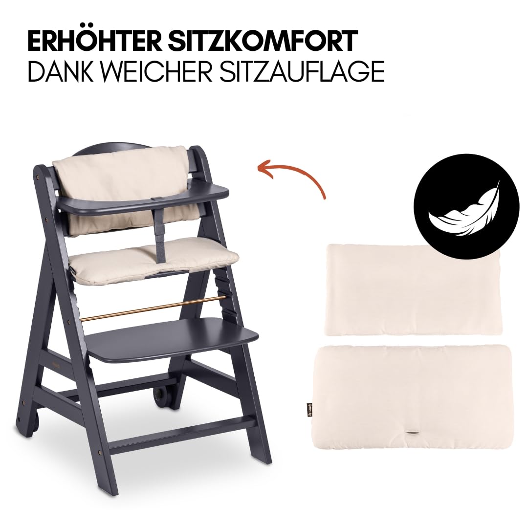 Hauck Beta+ Hochstuhl Newborn Set mit Premium Bouncer Dark Grey - Mitwachsender Holz Kinderhochstuhl mit Rollen ab Geburt bis 90 kg