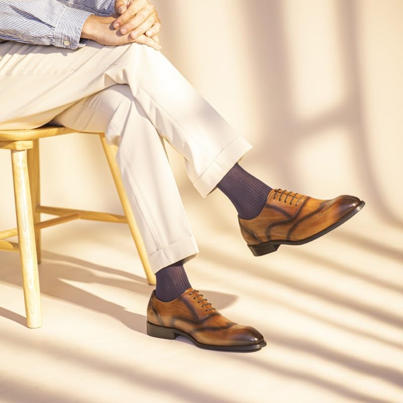 YZABEL Men's Genuine Leather Brogue Shoes, Pointed Toe Lace-Up Low Top Oxfords Dress Shoes, Lightweight Comfortable for Formal Business Wedding2