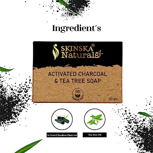 Image of SKINSKA NATURALS Activated Charcoal & Tea Tree Bar Soap - Handmade, Natural & Nourishing Gentle for Acne, Blackheads for All Skin Types for Men and Women - 125 gm