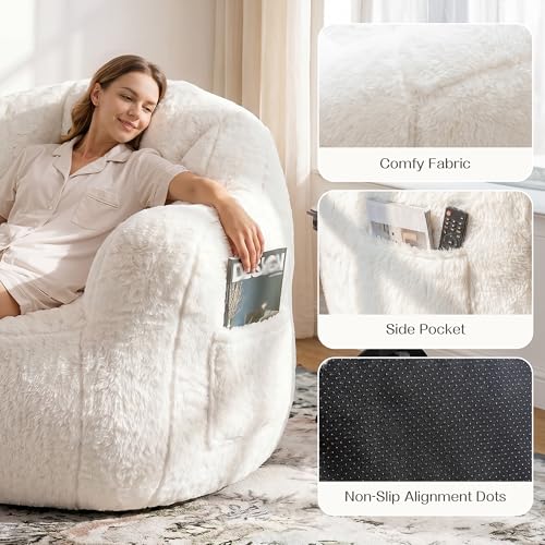 Image of Homkdom Giant Bean Bag Chair for Adults, Comfy Bean Bag Sofa with Armrests | Cozy Reading Chair & Stuffed Floor Sofa, Faux Fur Shell-Shaped Floor Chair for Living Room Napping, Gaming, Lounging, Beige