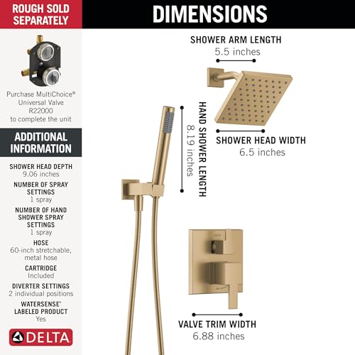 Image of Delta Modern Square Shower System Faucet Set, Brushed Gold 6.5-inch Shower Head and Handle Set, Valve Trim Kit, Champagne Bronze T342703-CZ (Valve Not Included)