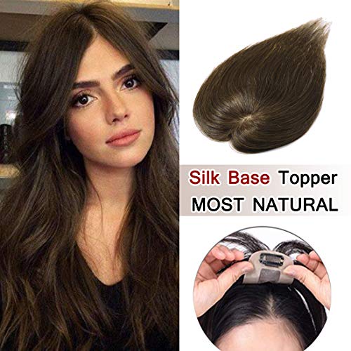 SEGO 100% Density Top Hair Pieces Silk Base Crown Topper Human Hair Clip in Hair Toppers Top Hairpieces for Women with Thinning Hair Gray Hair/Hair Loss #04 Brown 12 Inches 20g