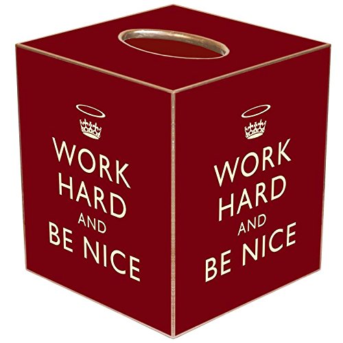 Red Work Hard and Be Nice Paper Mache Tissue Box Cover
