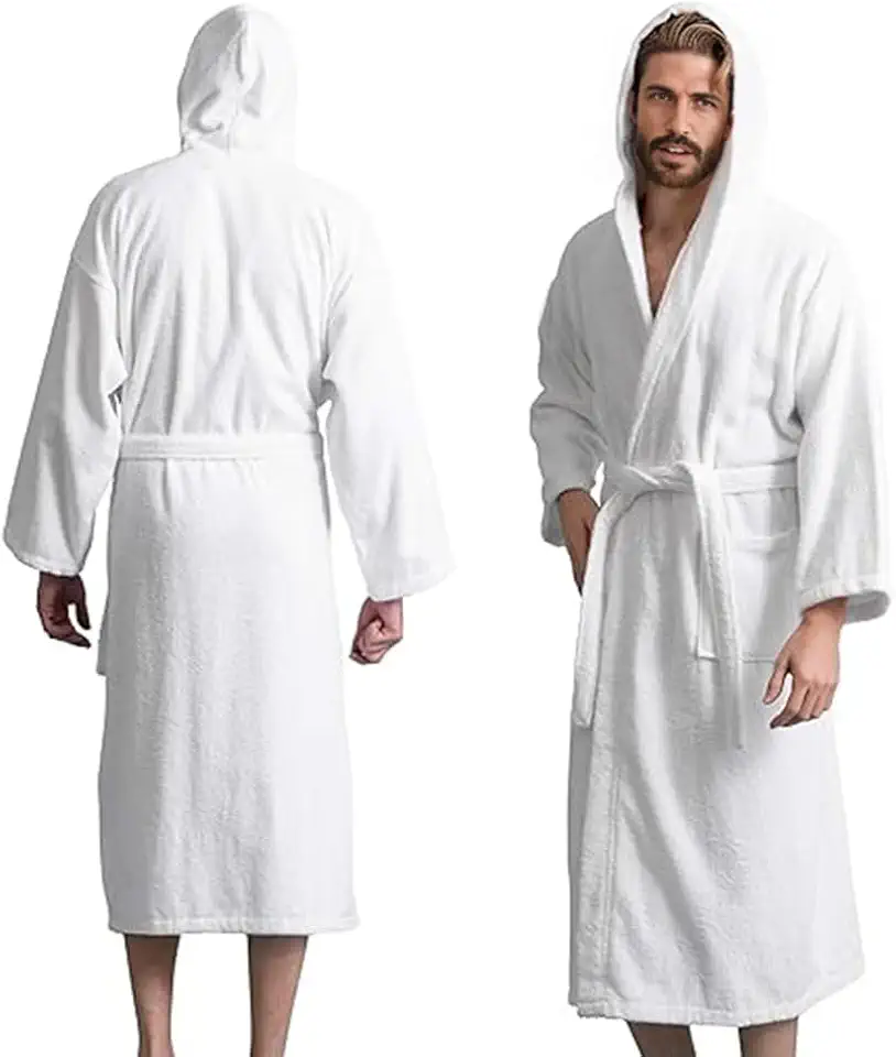 KAHAF COLLECTION Men’s Hooded Bathrobe, 100% Cotton Terry Bathrobe, Spa Style Bath Robe, Absorbent Shower Robe, Lightweight Towel Bathrobes
