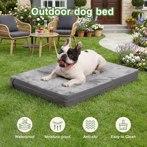Image of Waterproof Small Dog Bed Crate Pad 24 inch, Washable Puppy Bed Orthopedic Gray | Outdoor Pet Bed Foam, Reversible Durable Faux Leather & Flannel, Removable Cover, Cat Mat, Anti-Slip Kennel Pad 23 inchx17 inch