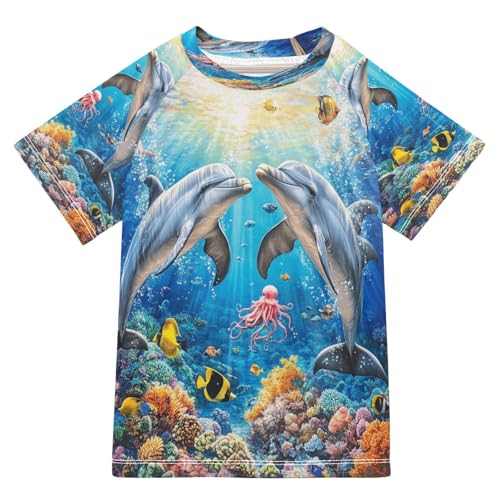 Toddler Boy Rash Guard Short Sleeve Swim Shirt Dolphin Print Rashguard 5-6T Beach Shirts Quick Dry,024