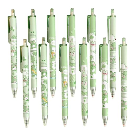 HSYWSH 12pcs Frog Retractable Pens Gel Pen Set Frog Gel Pen Cartoon gel pen Kawaii Gel Pens Black Ink Pens Novelty Pen School Supplies Funny Office Stationery Gifts (Black 0.5mm) (green)