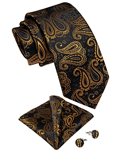 Image of DiBanGu Mens Paisley Tie Sets Silk Jacquard Woven Floral Necktie and Pocket Square Cufflinks Wedding Business Party