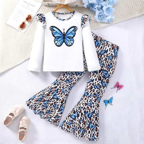 Image of Girl 2pcs set with ruffle sleeves top flared pants spring summer short sleeves 4-12Y