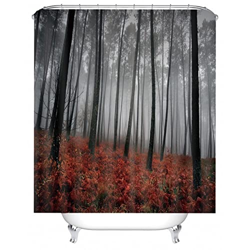 Black Red Bathroom Shower Curtain Liner, Polyester Shower Curtain Waterproof Tree Forest Shower Curtain Washable 71X71 Shower Curtain