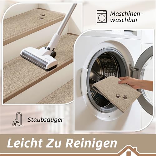 BEQHAUSE Stufenmatten Treppen Teppich Stufenmatten Innen rutschfest 15 Stück, Maschinenwaschbare Treppenteppich für Kinder, Älteste und Haustiere, 100% Polyester TPE -Rücken, 22X70cm, Beige
