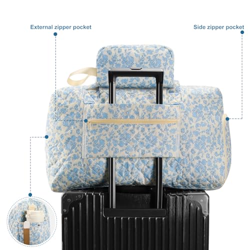 Large Weekender Quilted Travel Bags - Floral Quilted Duffle Bag, Hospital Bag for Women Labor Delivery, Travel Duffel Bag with Shoe Compartment, Gym Tote Bags with Dry and Wet Separation (Set of 2)3