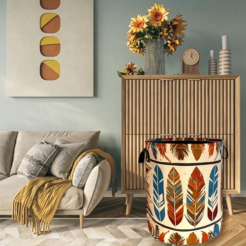 Image of Feather Laundry Basket Oxford Cloth Foldable Hamper 18.9x16.5 Inch | With Handle Tote Bag Colorful Boho Laundry Hamper Clothes Storage Bucket Toy Organizer For Bathroom /Laundry /Bedroom