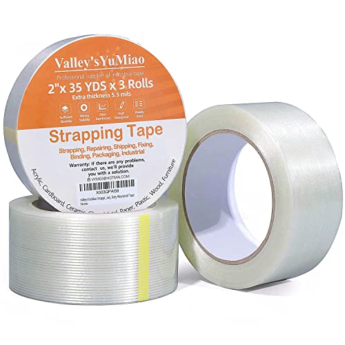 Valley'syumiao 3 Pack 2 In×35Yds, Filament Strapping Tape, 105Yds Total, Clear Fiberglass Reinforced Packing, Heavy Duty Wearproof Tape, Extra Thickness 5.5 Mils #TOP6