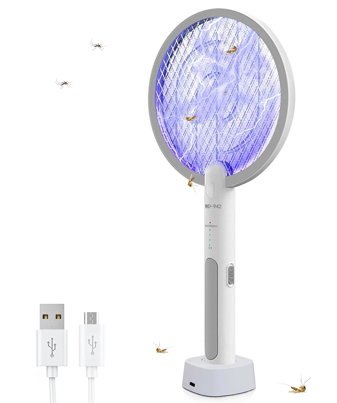 Electric Fly Swatter Racket & Bug Zapper Racket, 2 in 1 Smart Mosquito Swatter with USB Rechargeable Base,with 4-Layer Safety Mesh,for Indoor and Outdoor