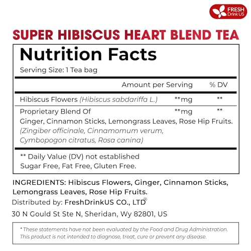 Image of FreshDrinkUS, 60 Tea Bags Super Hibiscus Heart Blend- Herbal Tea with Hibiscus Flower, Ginger, Cinnamon Stick, Lemongrass & Rose Hip - Naturally Caffeine-Free, Sugar-Free, Vegan