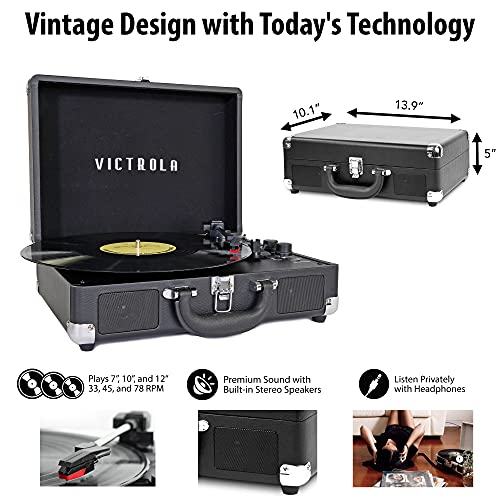 Victrola Vintage 3-Speed Bluetooth Portable Suitcase Record Player With Built-In Speakers | Upgraded Turntable Audio Sound| Includes Extra Stylus | Black, Model Number: Vsc-550Bt-Bk, 1Sfa #TOP3