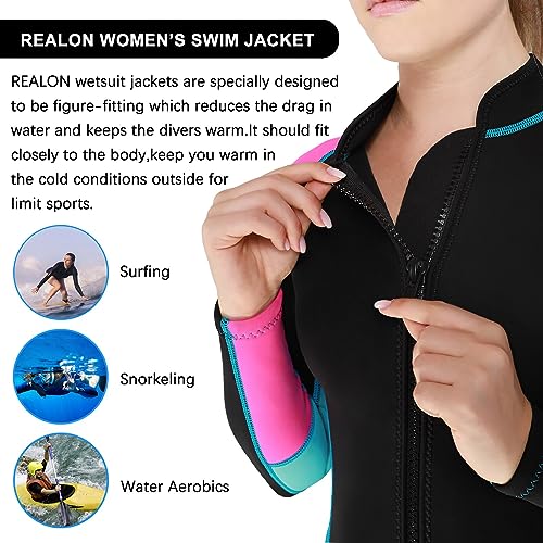 Chaqueta y pantalón de neopreno para mujer 2mm, manga larga, color negro/azul con franjas rosas, talla XL miniatura 7