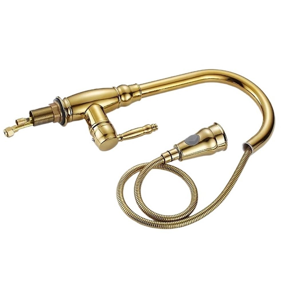 Blyqxs Gold Kithchen Faucets Pull Out Kitchen Sink Faucet Brass Swivel Spray Kitchen Tap Single Hole Water Tap Xt-99(Gold)